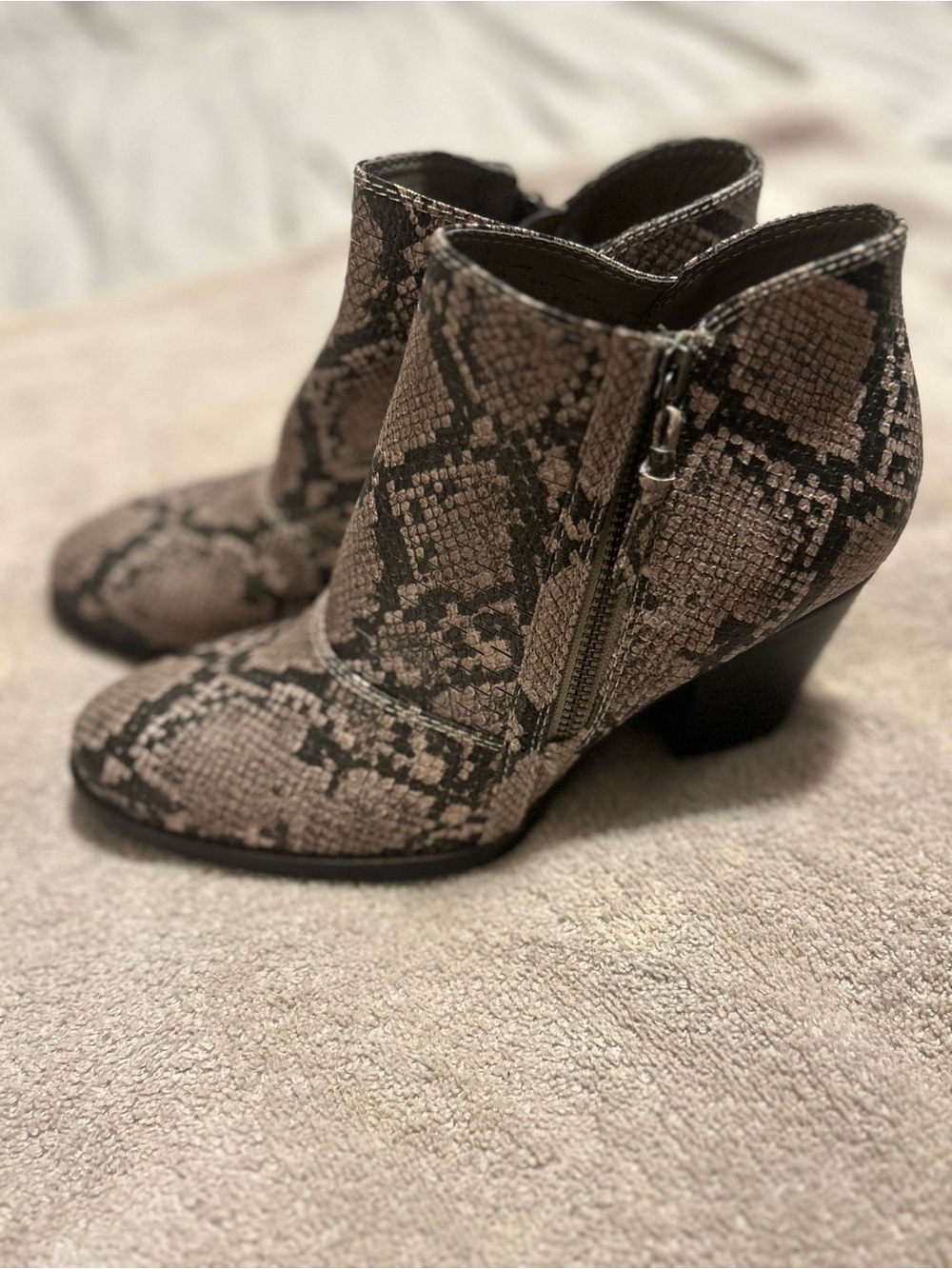 BareTraps Taupe Snake-Print Ankle Booties
